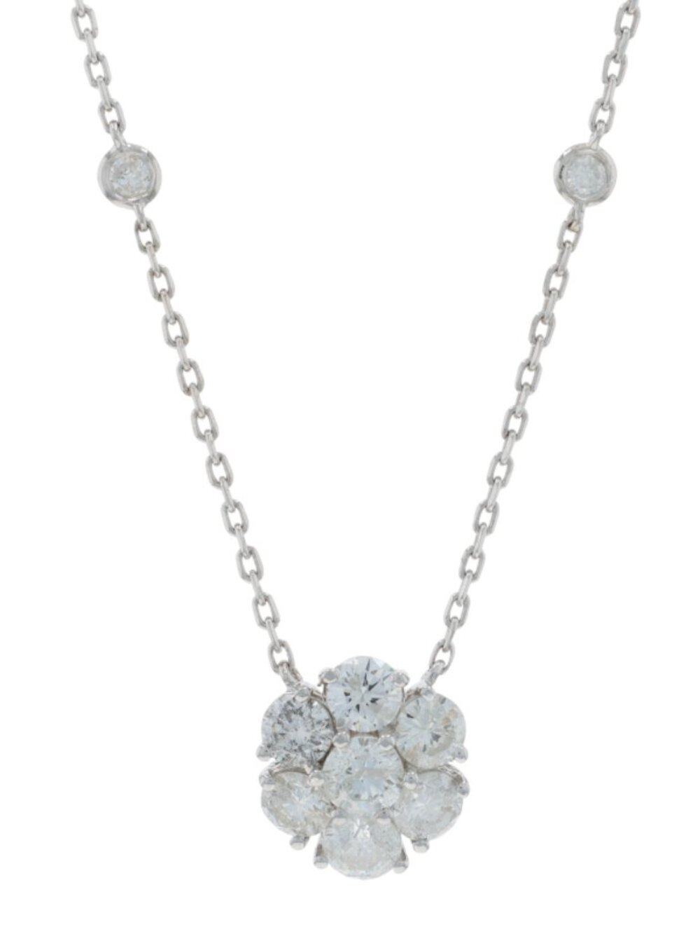 White Gold Diamond Cluster Halo Necklace 17 3/4" - 14k Round 1.82ctw Floral